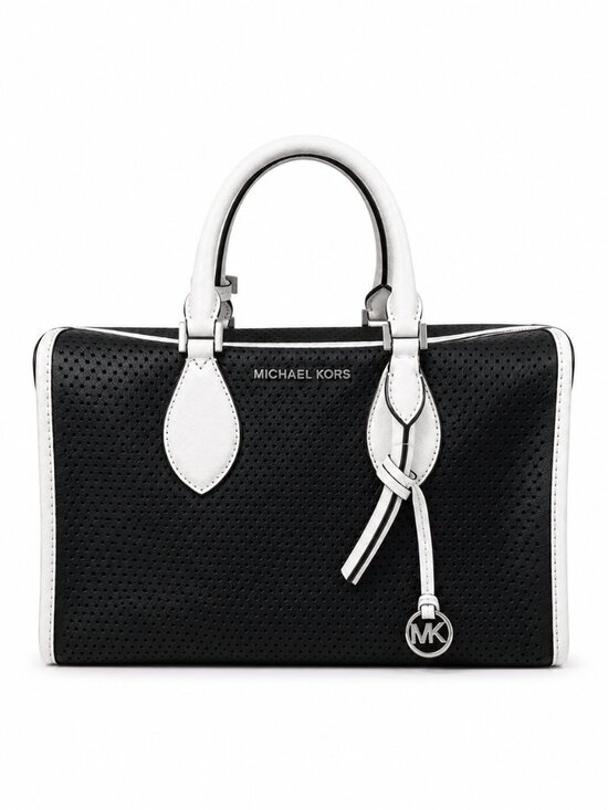 Michael Kors Handbags - Michael Kors Black & White Perforated Leather Satchel Purse Silver Hardware